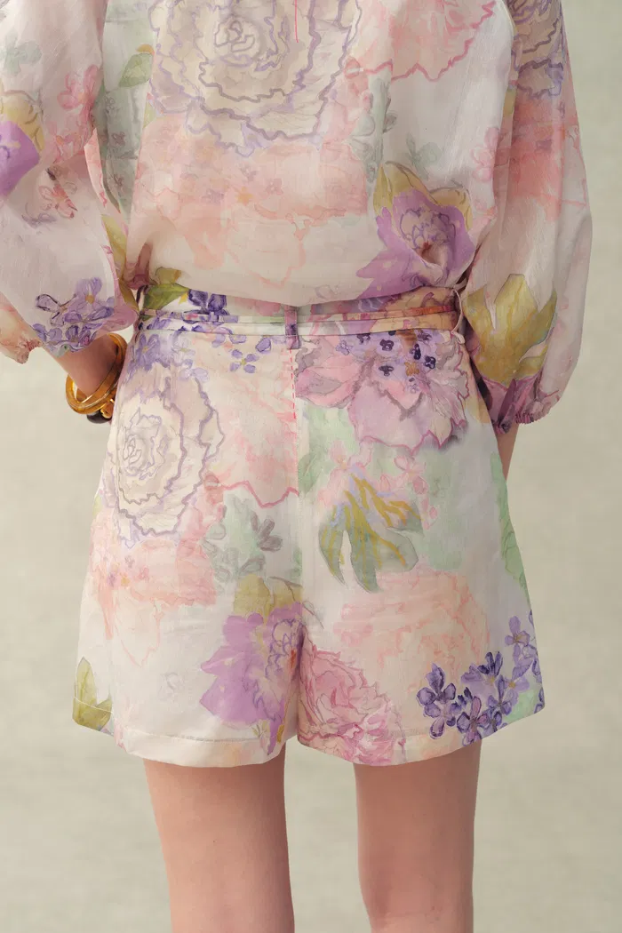 Yori Handpainted Floral Print Sheer Beaded  Belt Shorts in Silk Linen Blend - Image 6