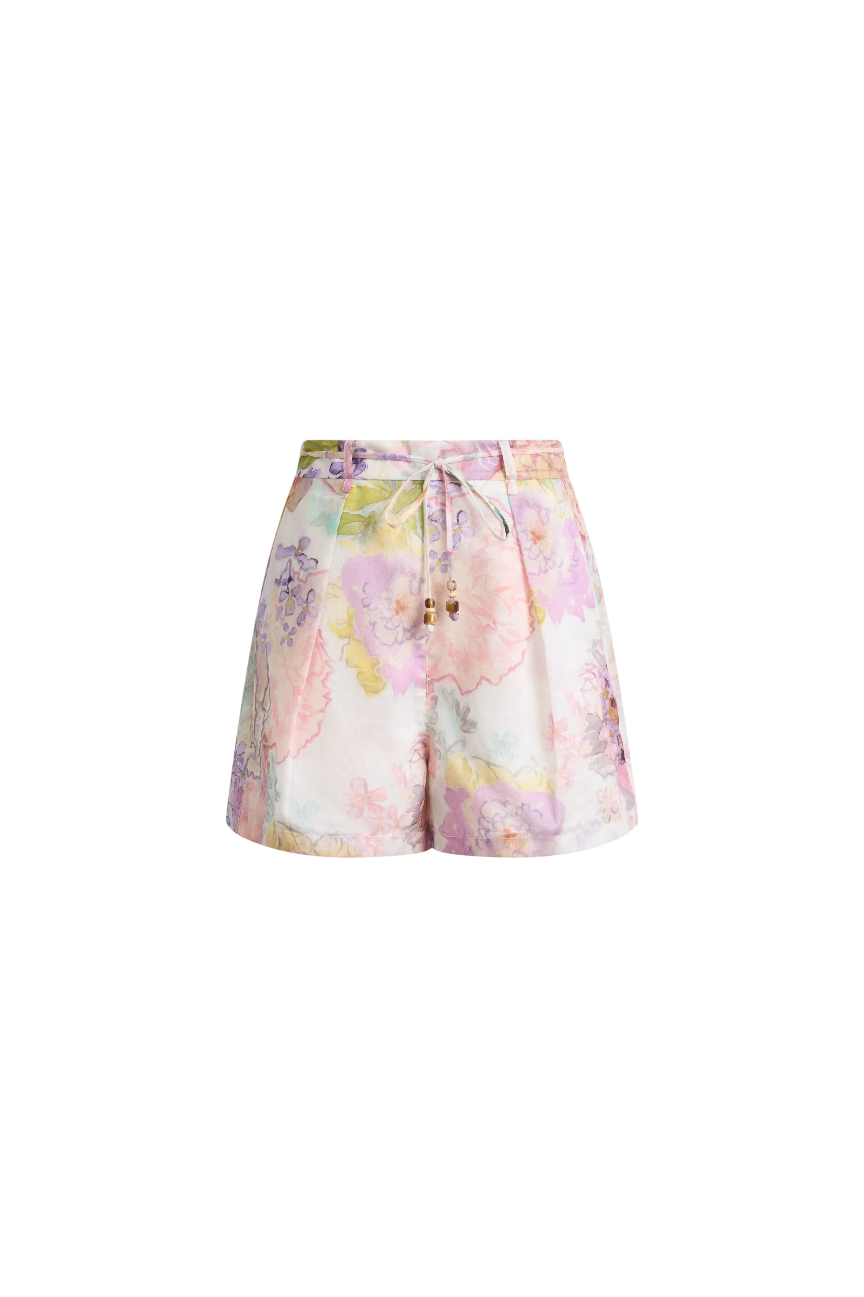 Yori Handpainted Floral Print Sheer Beaded  Belt Shorts in Silk Linen Blend - Image 7