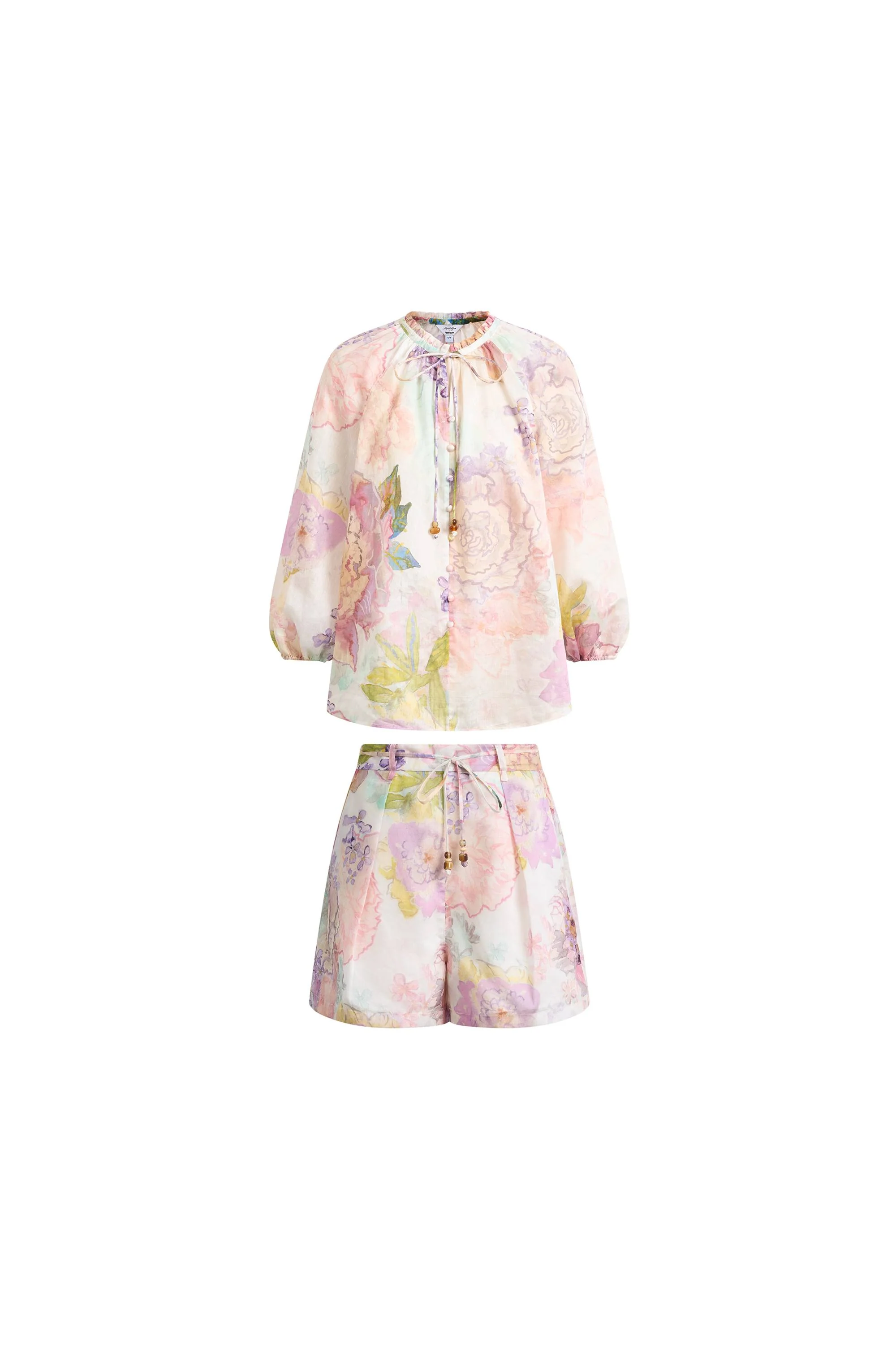 Yori Handpainted Floral Print Sheer Beaded Puff Sleeve Blouse and Shorts Set in Silk Linen Blend - Image 8
