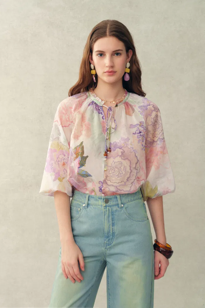 Yori Handpainted Floral Print Sheer Beaded Puff Sleeve Blouse in Silk Linen Blend - Image 2