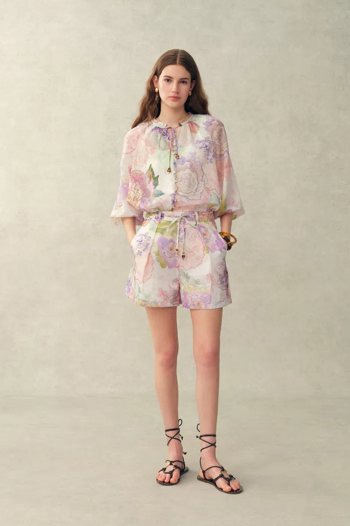 Yori Handpainted Floral Print Sheer Beaded Puff Sleeve Blouse in Silk Linen Blend - Image 3