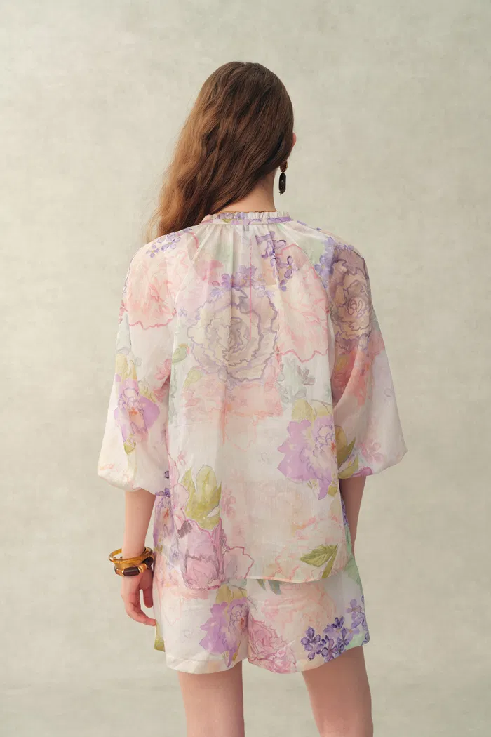 Yori Handpainted Floral Print Sheer Beaded Puff Sleeve Blouse in Silk Linen Blend - Image 4