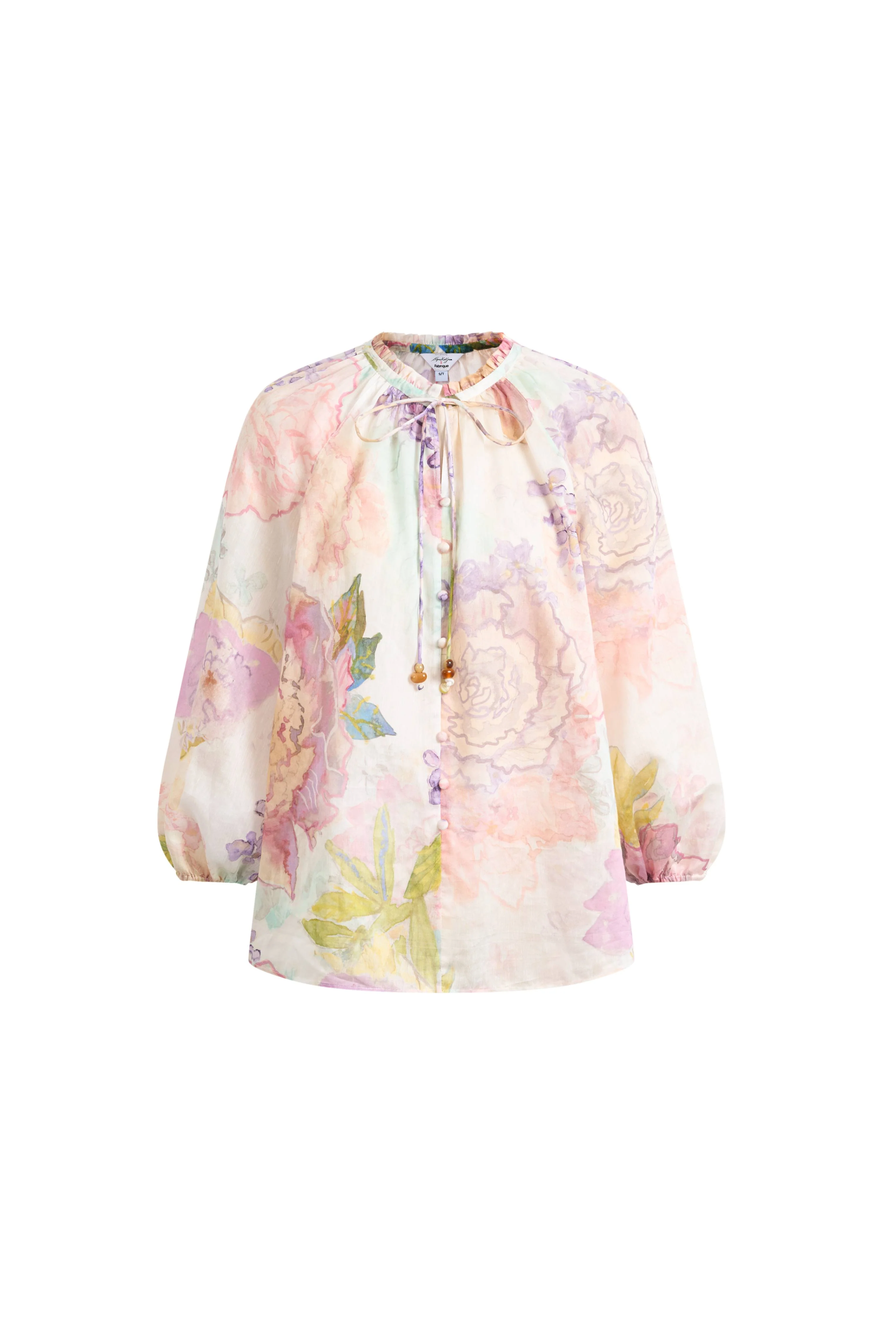 Yori Handpainted Floral Print Sheer Beaded Puff Sleeve Blouse in Silk Linen Blend - Image 6