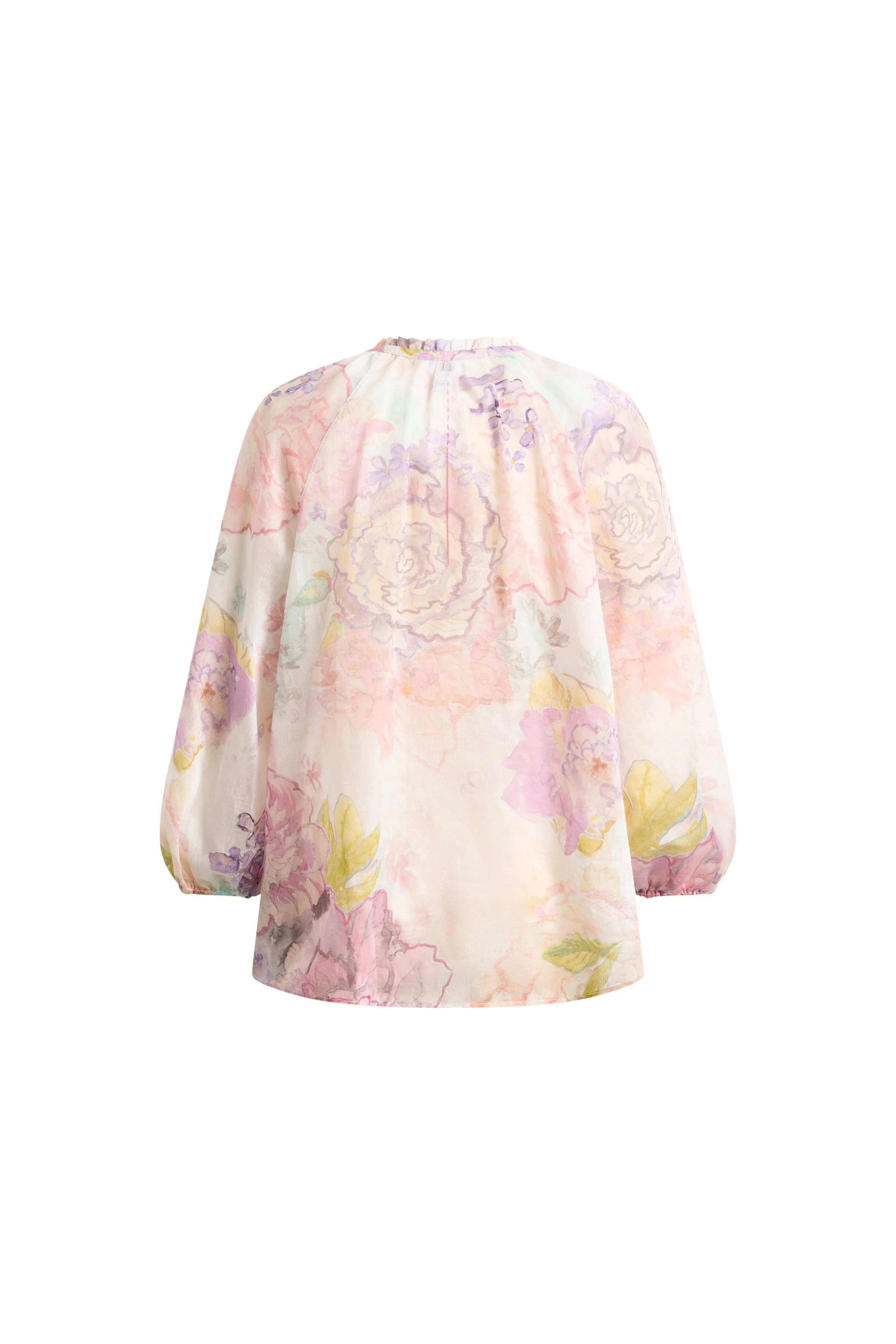 Yori Handpainted Floral Print Sheer Beaded Puff Sleeve Blouse in Silk Linen Blend - Image 7
