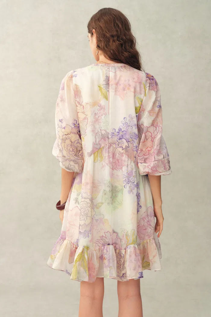 Yori Handpainted Wavy Ruffle Babydoll Dress in Silk Linen Blend - Image 4