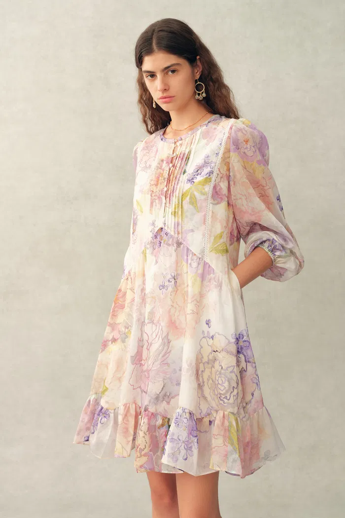 Yori Handpainted Wavy Ruffle Babydoll Dress in Silk Linen Blend - Image 5