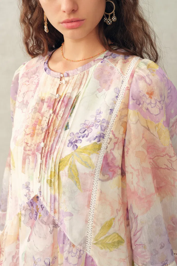 Yori Handpainted Wavy Ruffle Babydoll Dress in Silk Linen Blend - Image 6