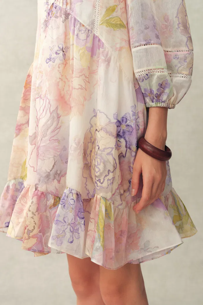 Yori Handpainted Wavy Ruffle Babydoll Dress in Silk Linen Blend - Image 7