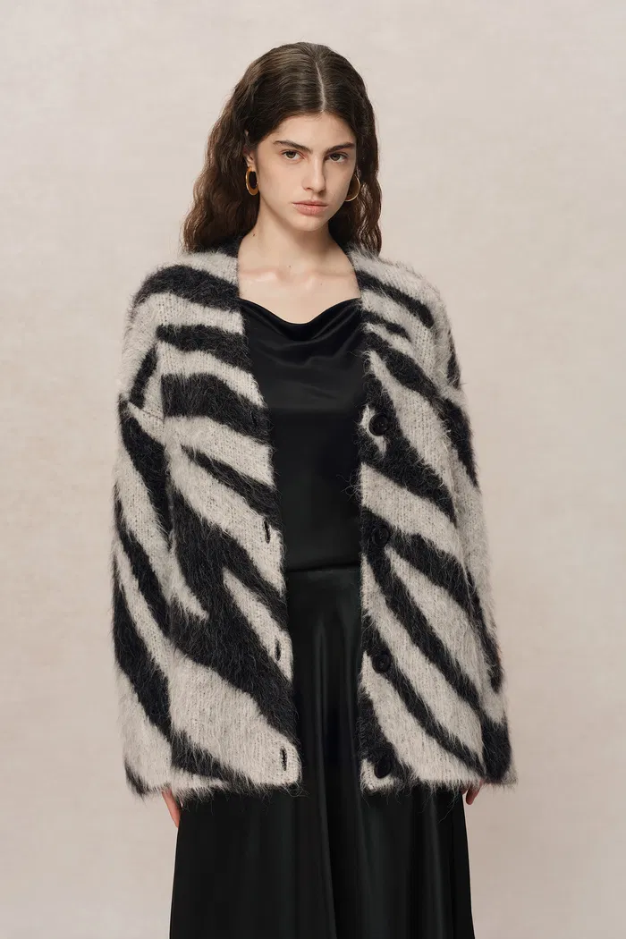 Zebra Modern Zebra Jacquard Cardigan in Washed Alpaca Knit - Image 2