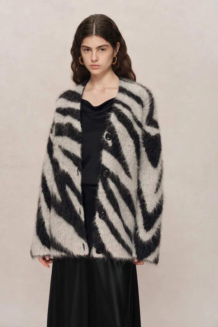 Zebra Modern Zebra Jacquard Cardigan in Washed Alpaca Knit - Image 4